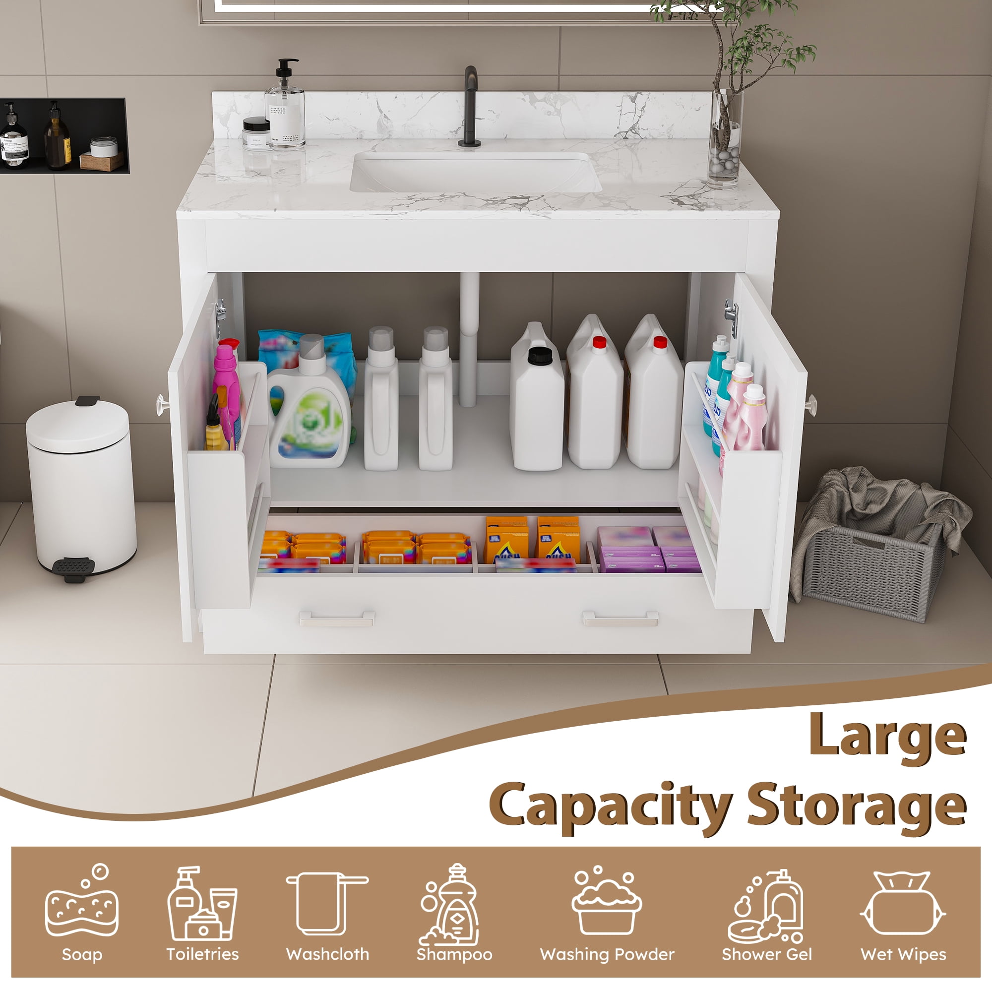 Mintazer 43 Inch Bathroom Vanity Cabinet with Sink, Bathroom Storage Cabinet with Drawer & Single‑Hole Marble‑Pattern Vanity Top for Bathroom, White