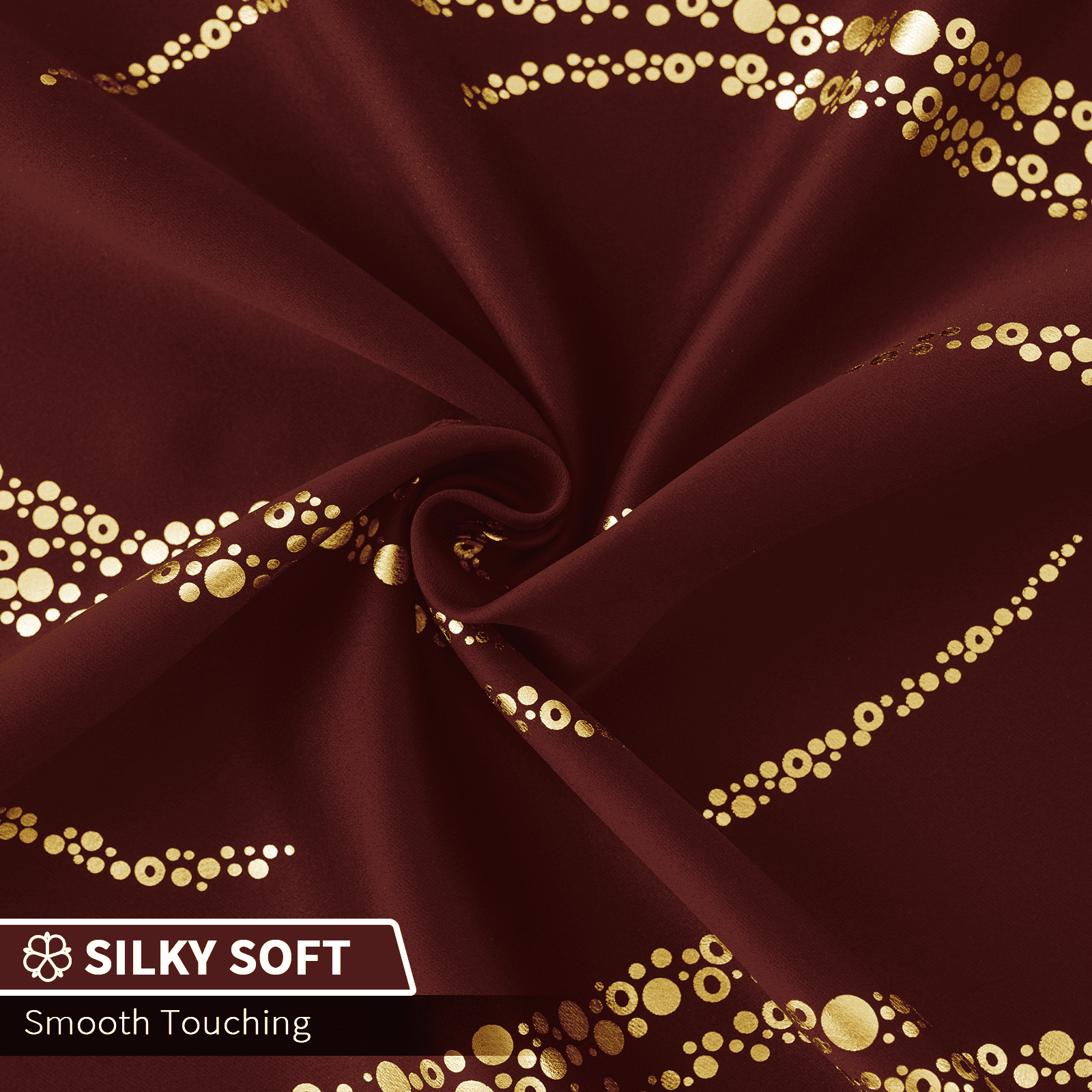 Yakamok Blackout Curtains for bedroom - Wave Line with Dots Gold Print Design Noise Reducing Thermal Insulated Solid Ring Top Blackout Window Drapes for Livingroom (2 Panels, 52 x 84 Inch, Burgundy)