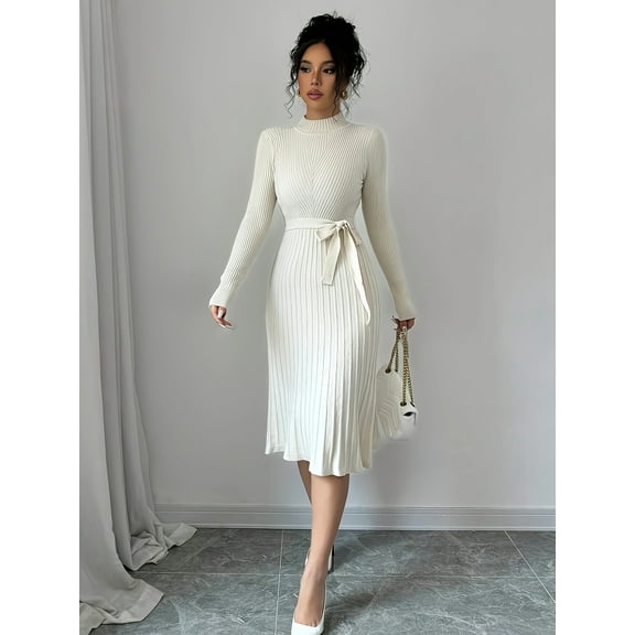 New Knitted Maxi Dress with Tie Waist and Elegant Sweater Style