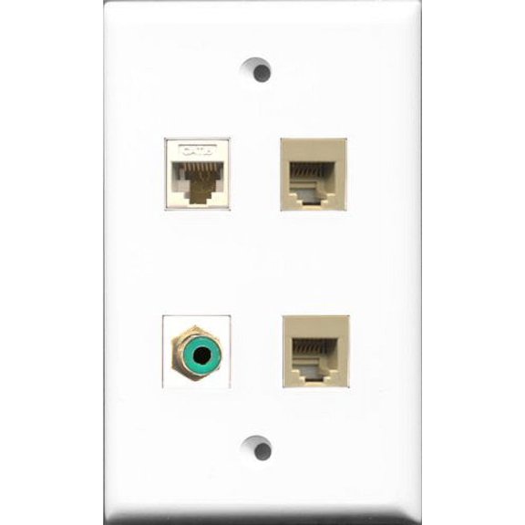 RiteAV 1 Port RCA Green 2 Port Phone RJ11 RJ12 Beige and 1 Port Cat6 Ethernet White Wall Plate