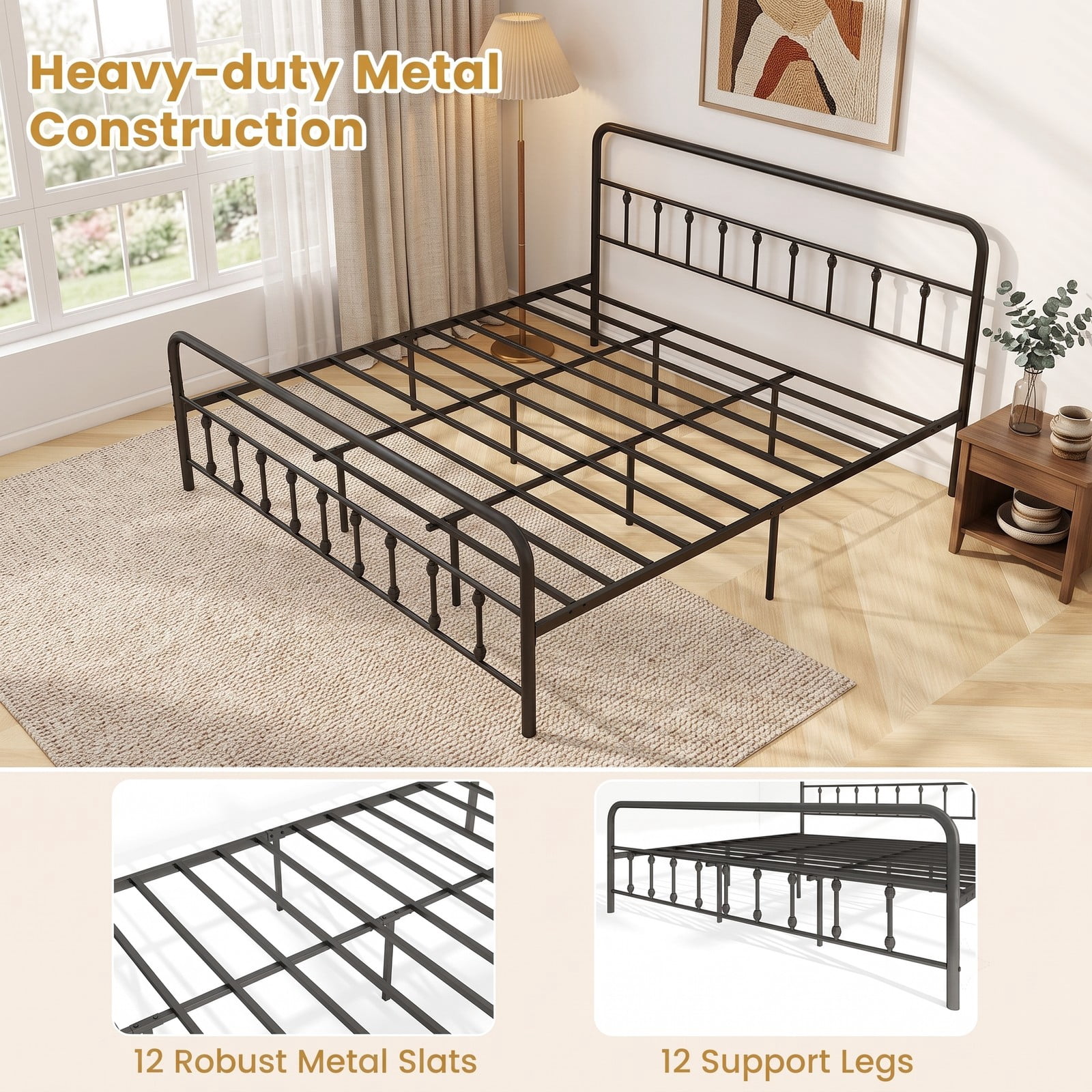 Furnibear King Size Bed Frame with Storage, Metal Platform Bed Frame with Vintage Spindle Headboard and Footboard, No Box Spring, Black