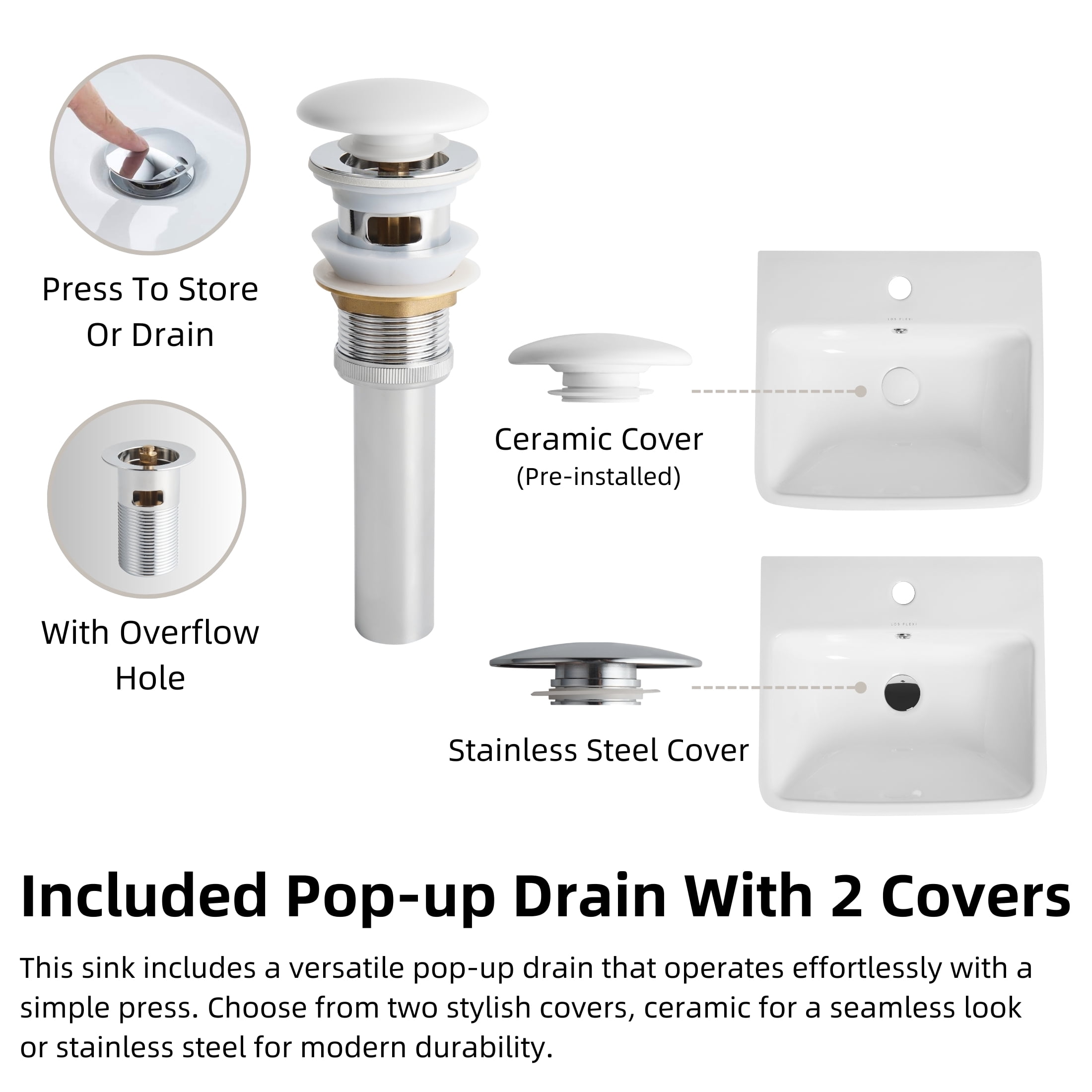 Los Flexi 19" Wall Mount Sink with Overflow in White, Floating Bathroom Vessel Sink, One Faucet Hole, Includes Pop-Up Drain Kit
