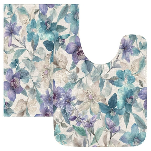 2 Piece Soft Bathroom Rug Set Watercolor Orchids and Lilies Bath Mat and U-Shaped Toilet Contour Rug (16"x24" 20"x24")