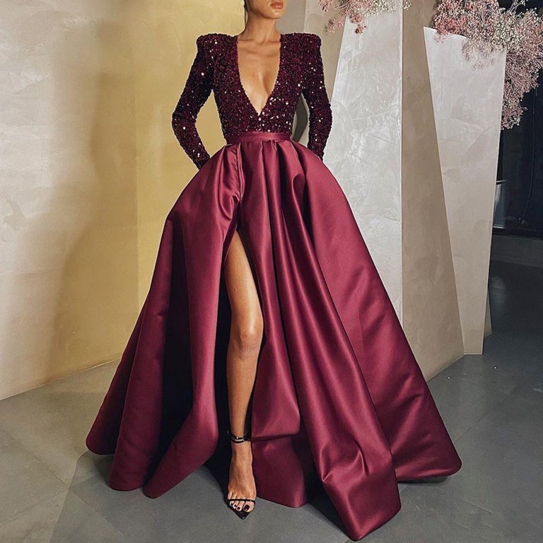 chinese dress ladies Custom Modest Burgundy Long Sleeve Prom Dress main image 1