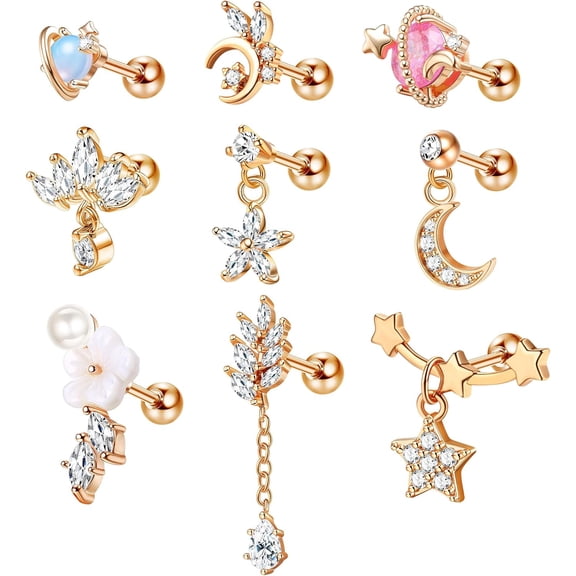 9Pcs Cartilage Earrings for Women 16G 316L Stainless Steel Gold Plated CZ Dangle Conch Helix Tragus Cartilage Stud Ear Piercing Jewelry[x240]