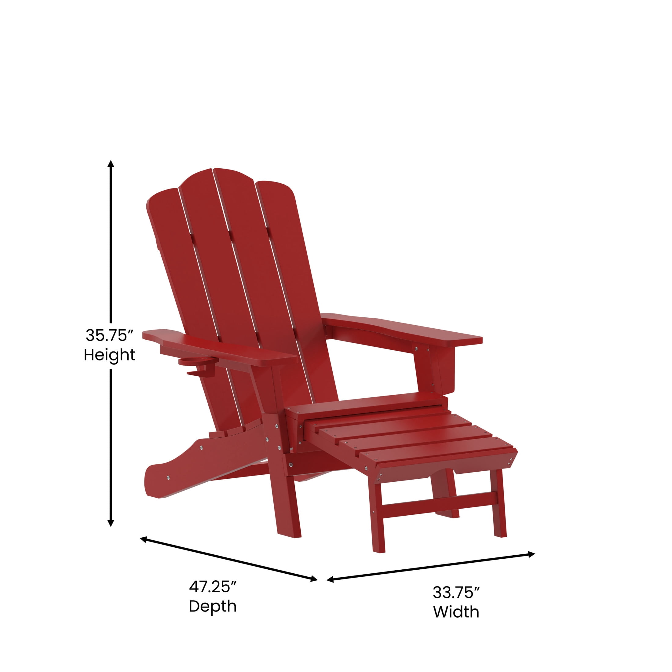BizChair HDPE Adirondack Chair with Cup Holder and Pull Out Ottoman, All-Weather HDPE Indoor/Outdoor Lounge Chair in Red, Set of 2