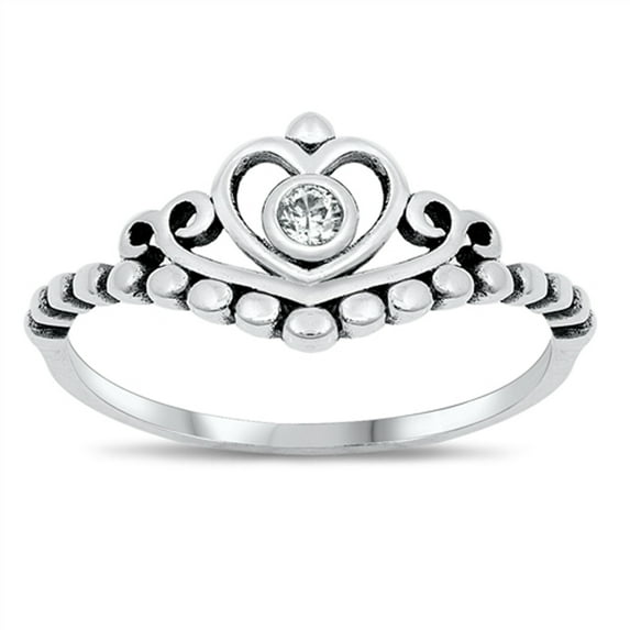 Clear CZ Oxidized Chevron Heart Tiara Ring .925 Sterling Silver Band White Female Size 10