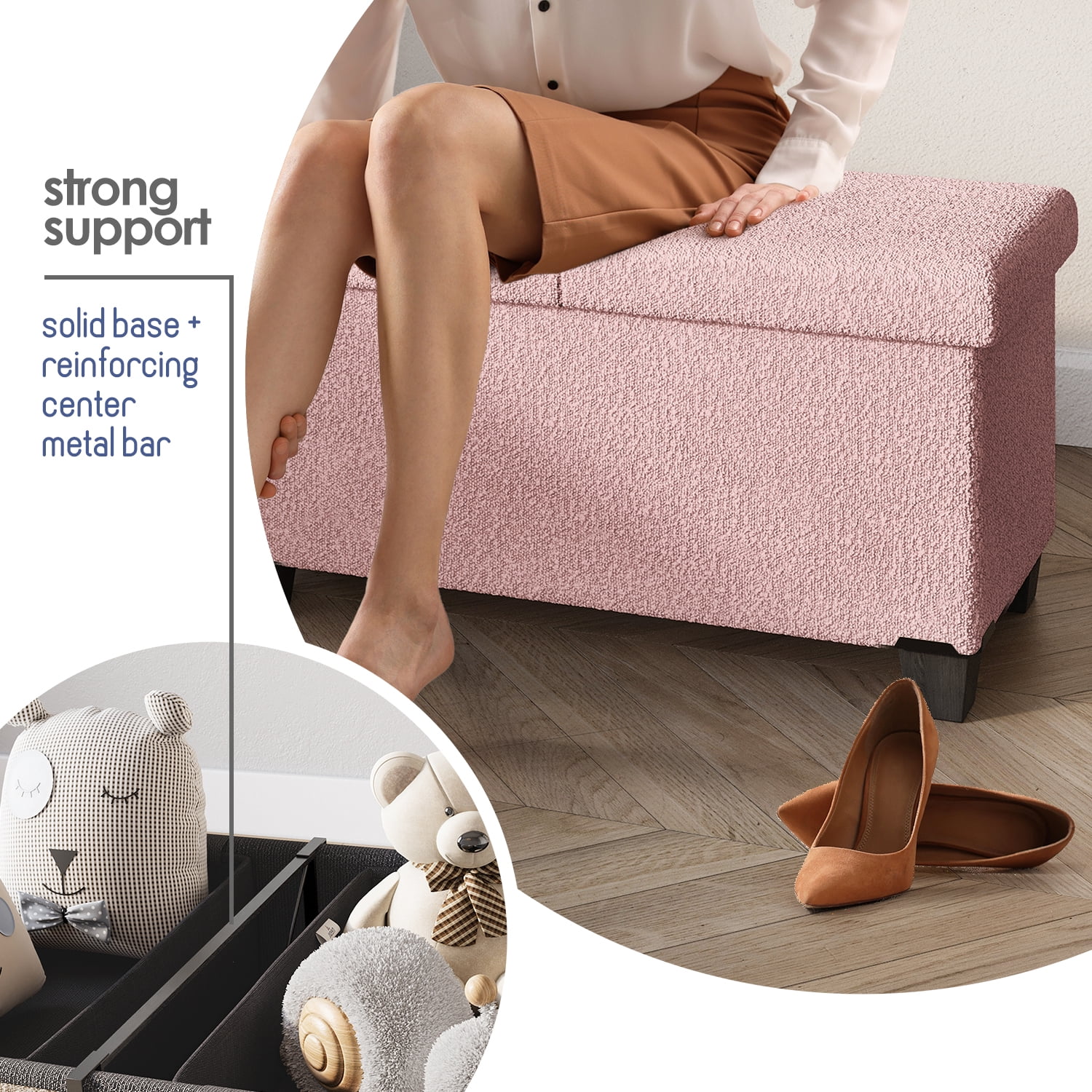 Hearth & Harbor Storage Ottoman Bench, Boucle 43" Ottoman with Storage , Pink