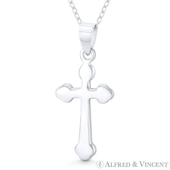 Budded / Botonée Cathedral Cross Christian Pendant w/ Chain Necklace in .925 Sterling Silver