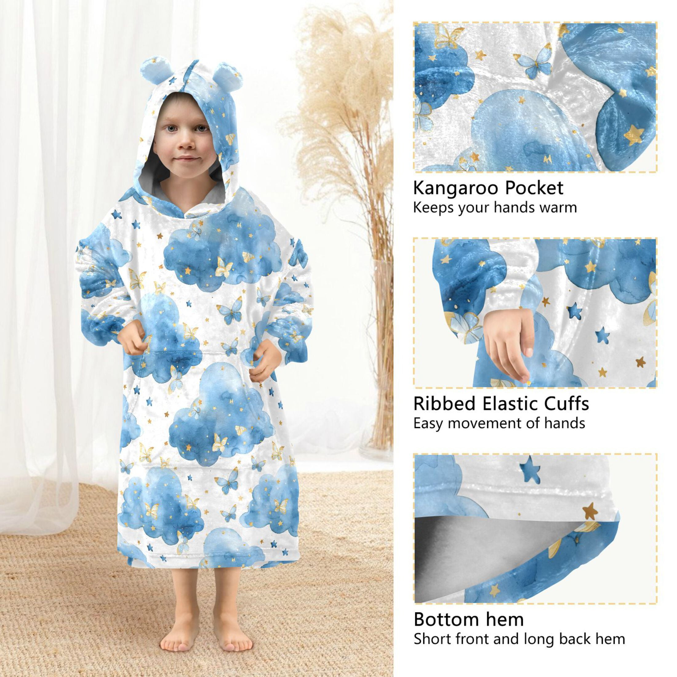 Dailycode Wearable Blanket Hoodie Oversized Sherpa Flannel Blankets with Pocket for 3-14 Year Old Butterflies and Cloud