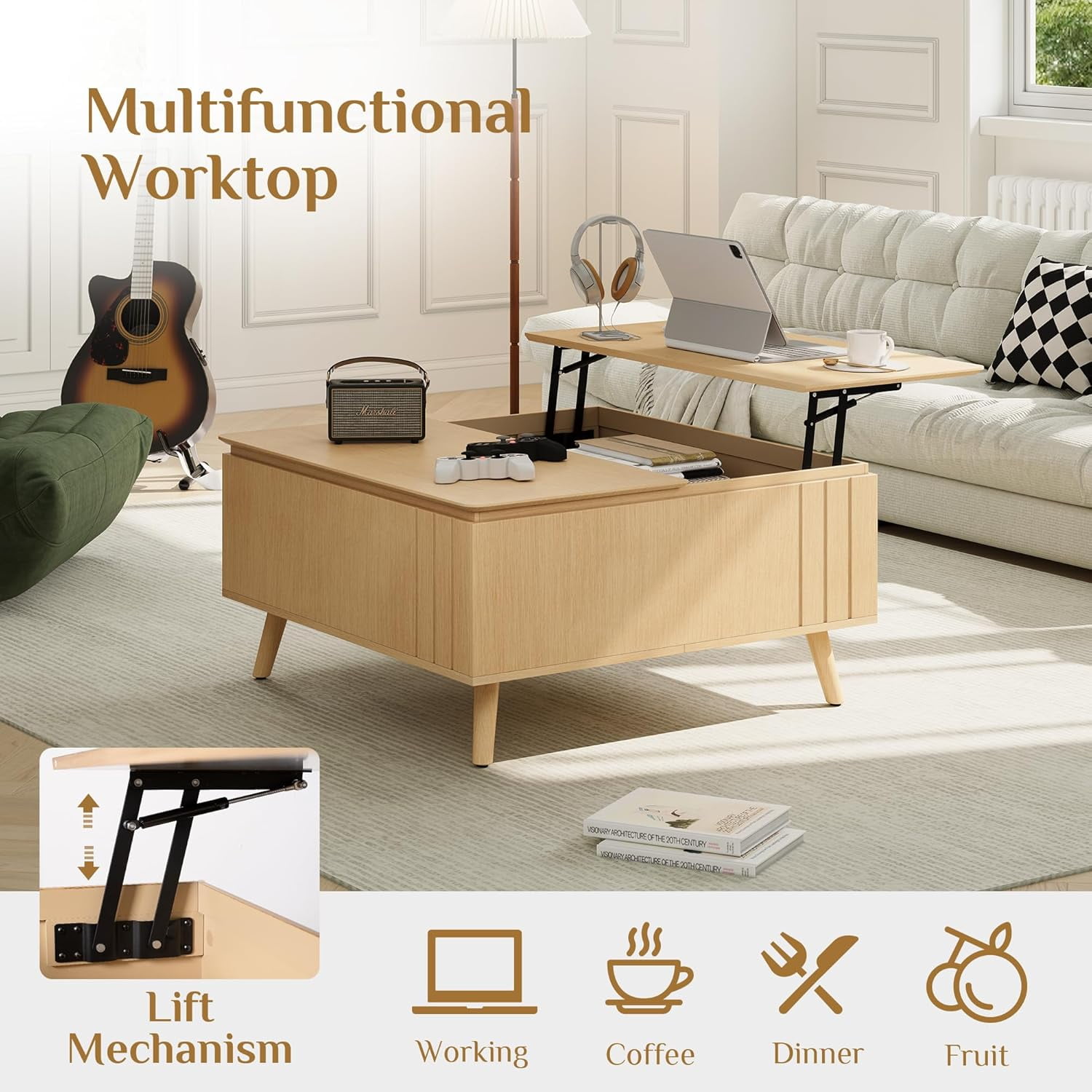 JOINICE Mid Century Modern Coffee Table Lift Top Fluted Center Table for Living Room Multi-Function 35”, Oak