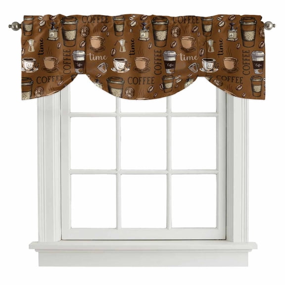 Coffee Theme Tie Up Valance Curtains for Windows, Kitchen Curtains Window Treatments, Funny Brown Vintage Beans Latte Tea Cup Short Window Shades Valances for Bedroom Bathroom Cafe 42"x18"