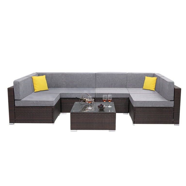7 Piece Outdoor Bistro Patio Furniture Set 6 Seater Luxury Comfort Grey Wicker Couch Durable All Weather PE Rattan Sectional w Glass Table Top for Backyard Poolside Porch Garden Balcony S7574 Walmart....