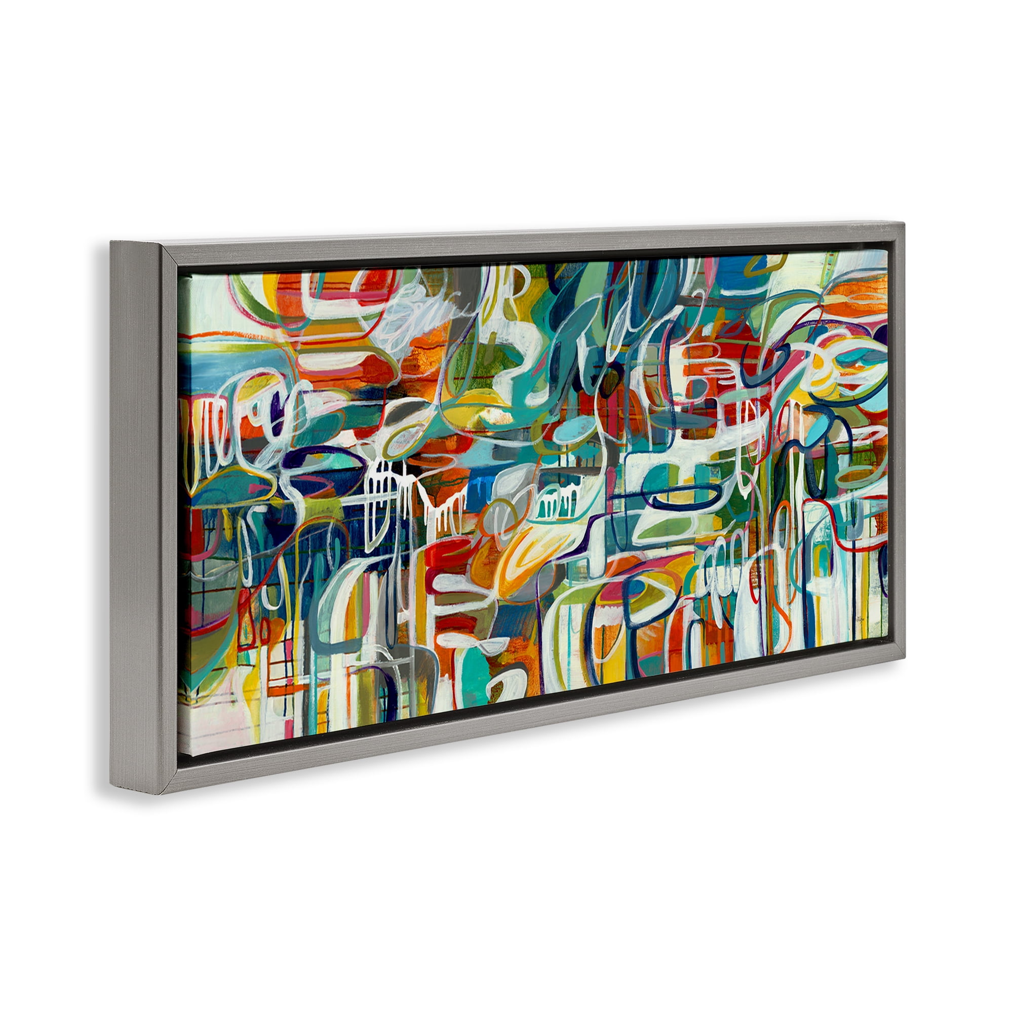 Stupell Industries Chaotic Doodle Shapes Abstract Painting Gray Floater Framed Canvas Art Print Wall Art, 31 x 14