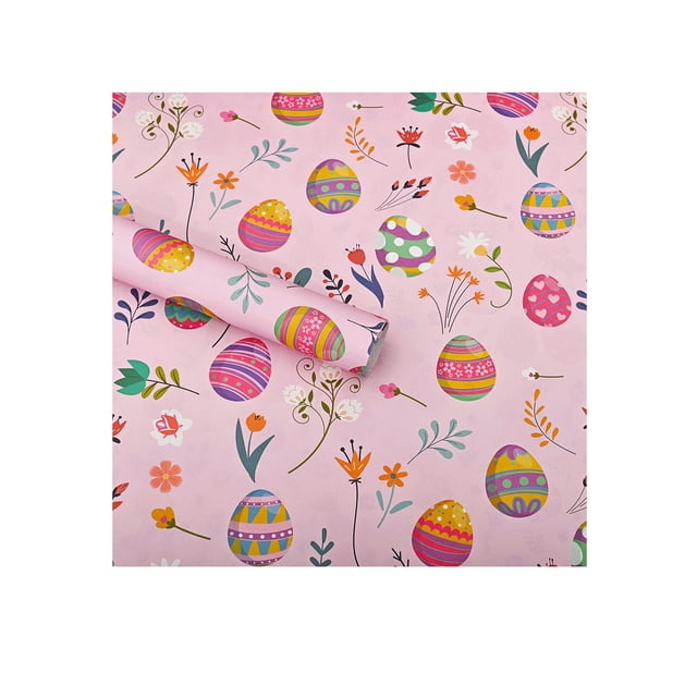B 28X20 Inch Easter Gift Wrapping Paper With Bunny Egg And Flower Print For Holiday Present Packaging Spring Party Decoration Diy Crafts