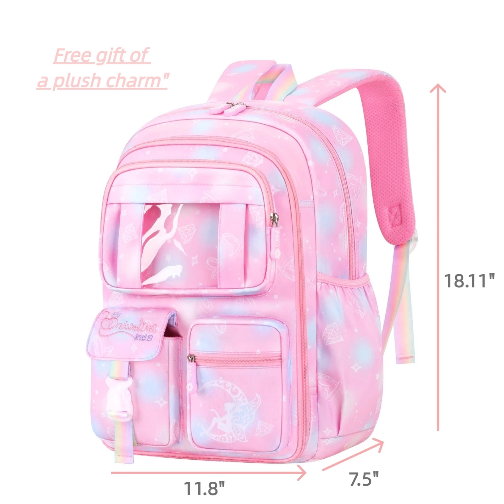 Backpacks for Girls with Charm,Schoolbags for Primary School Students In Grades 3-6,Waterproof Large-Capacity Girls Bookbag,Dreamy Pink