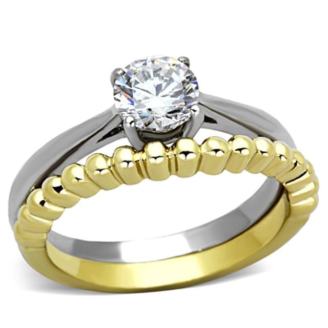 Women Two-Tone IP Gold Stainless Steel Ring with AAA Grade CZ in Clear - Size 5