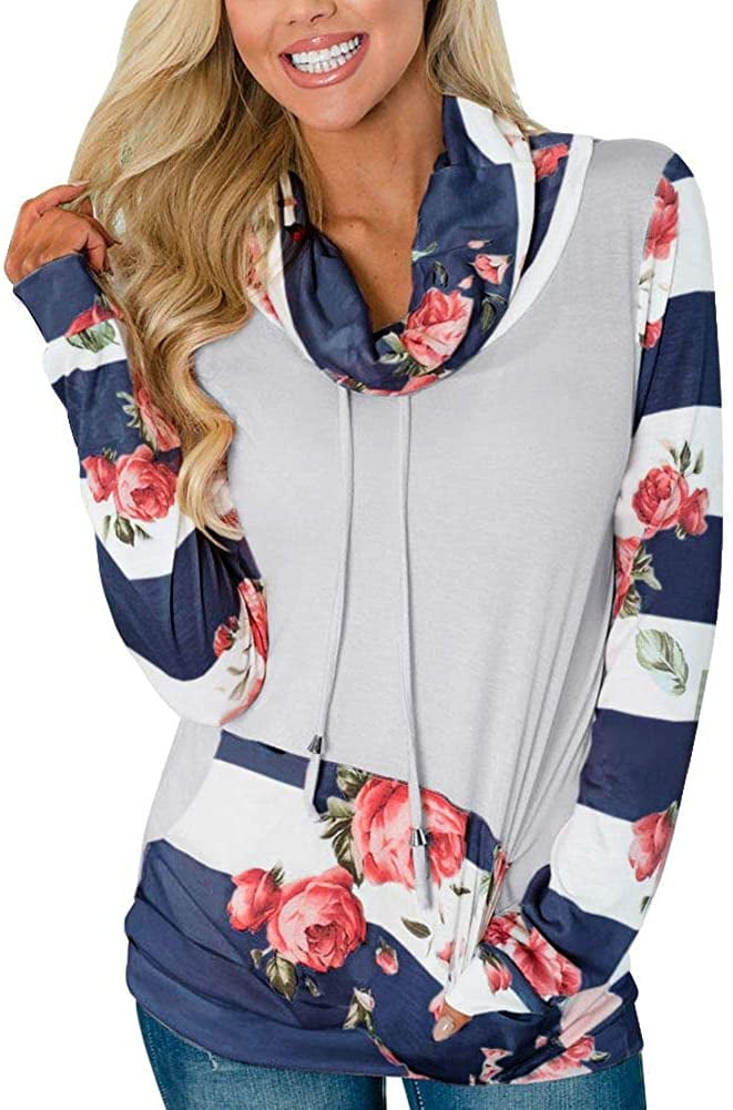 Striped Floral Cowl Neck Sweatshirt 