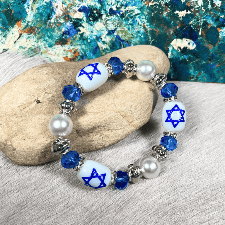Hanukkah Star of David Beaded Bracelet, Blue & White photo 4