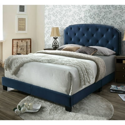 DG Casa Wembley Tufted Upholstered Panel Bed Frame with Nailhead Trim Headboard Queen Size in Blue Faux Velvet Fabric
