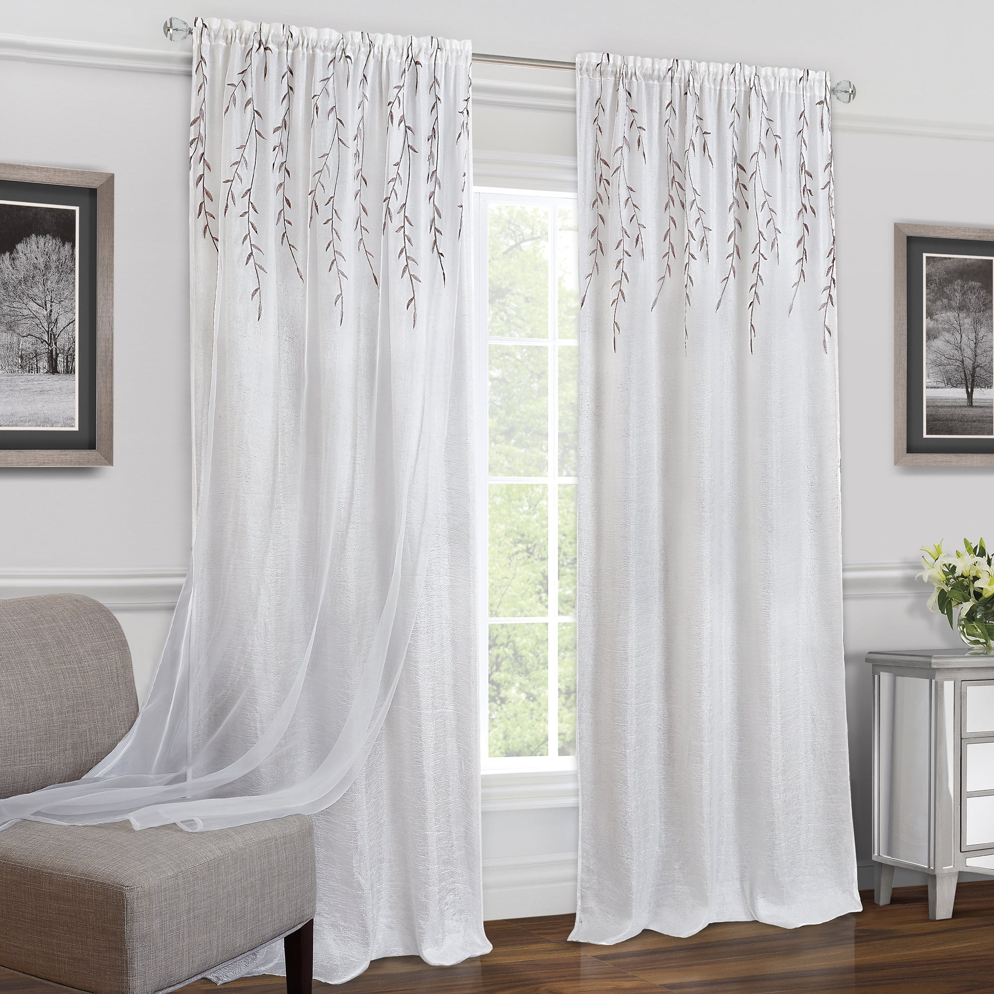 Flowers Embroidered Window Curtain White Rod Pocket Sheer Curtains 