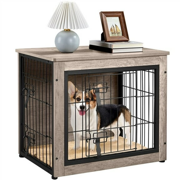 WSSYzyzf  27.5'' Dog Crate Furniture with Cushion Wooden Dog Crate with Double Doors/Adjustable Feet Side End Table for Small/Medium Dogs, Greige