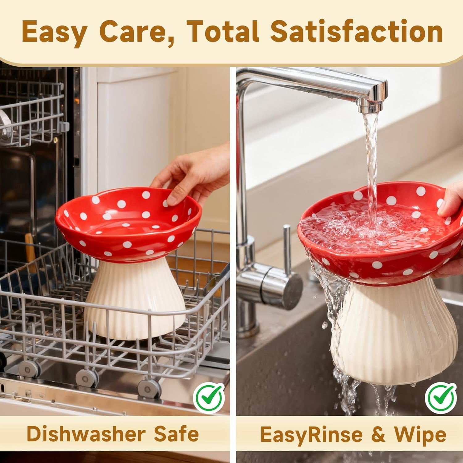 Lead & Cadmium Free Ceramic Elevated Cat Bowls for Food and Water, Red and Yellow Design to Prevent Whisker Fatigue