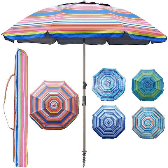 7.2' Beach Umbrella with Sand Anchor, Outdoor Portable Beach Umbrella for Sand with Tilt Pole, Carry Bag, Air Vent