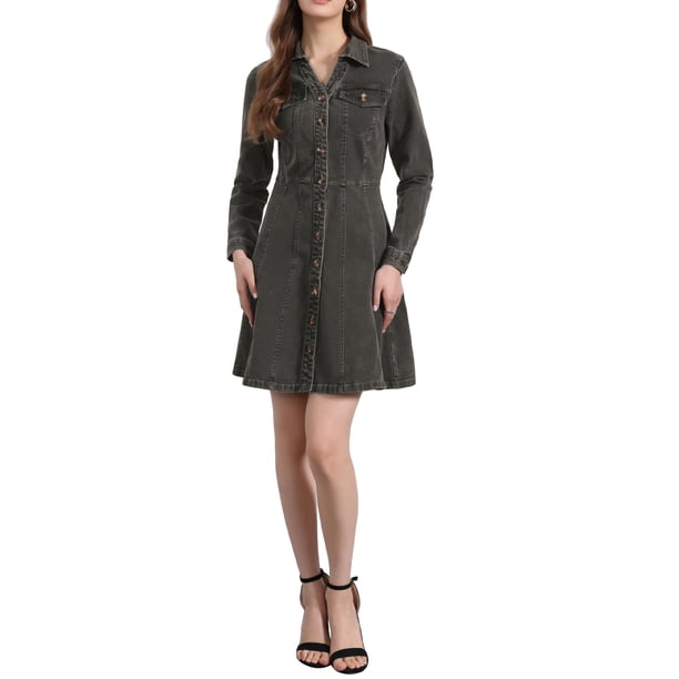 Vestido de mezclilla para mujer, con botones, cuello tipo polo, escote en V, manga larga, corte A, vestido de algodón de mezclilla, color gris