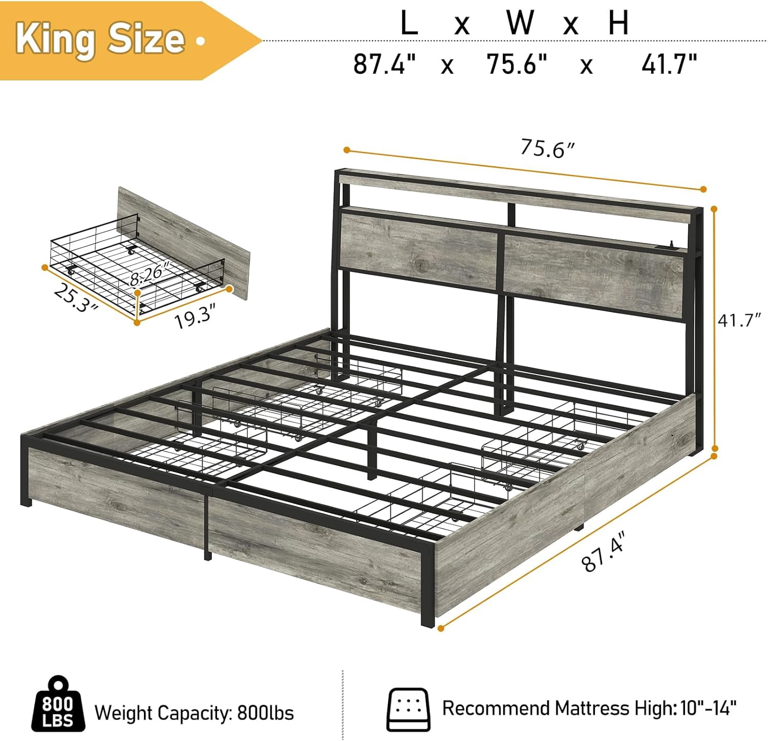 DRNANLIT King Size LED Bed Frame with Storage Headboard and 4 Drawers Charging Station,Gray