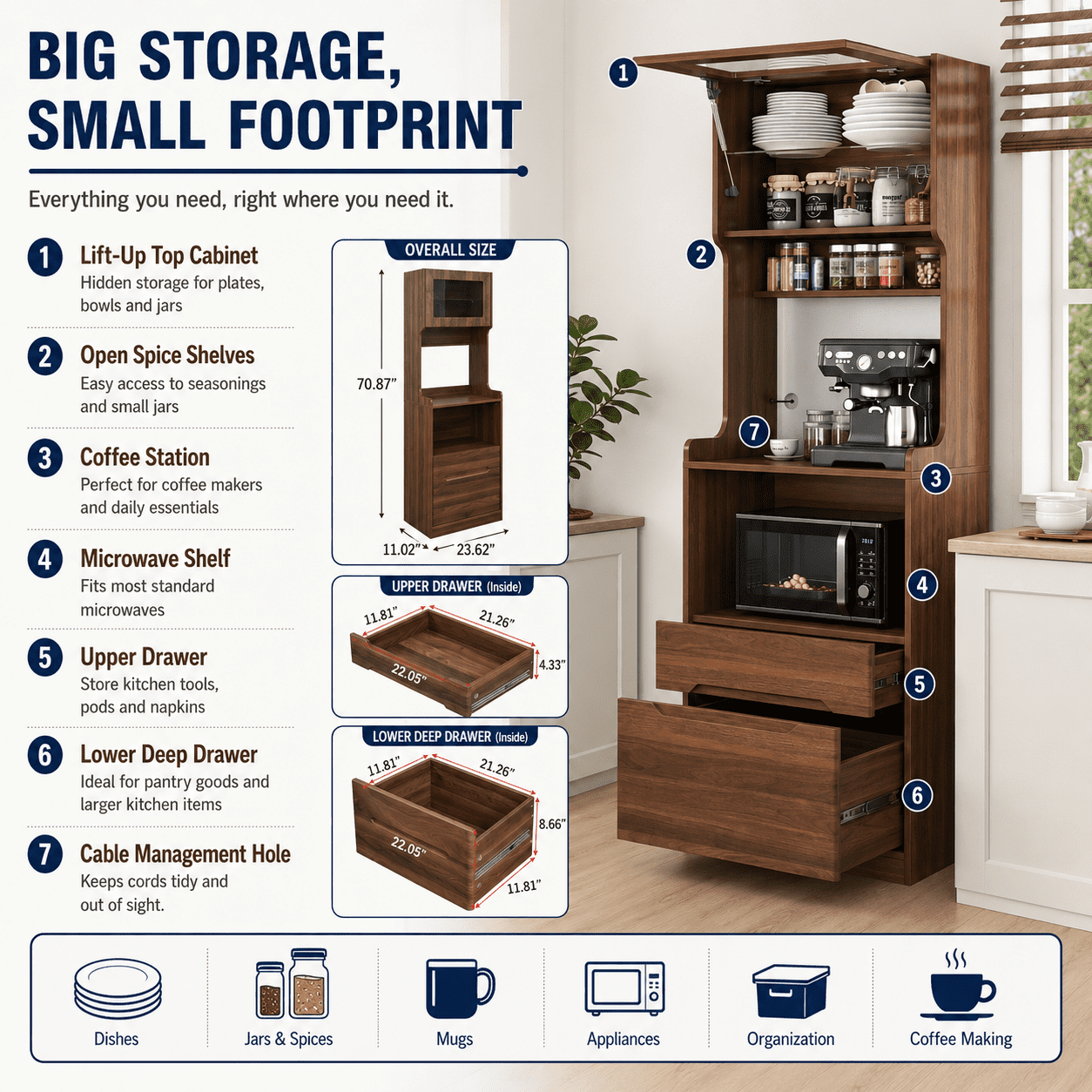 Aukfa 71" Tall Pantry Cabinet with Pull-Out Drawer, Walnut Kitchen Hutch W/Lift-up door Farmhouse Buffet Sideboard
