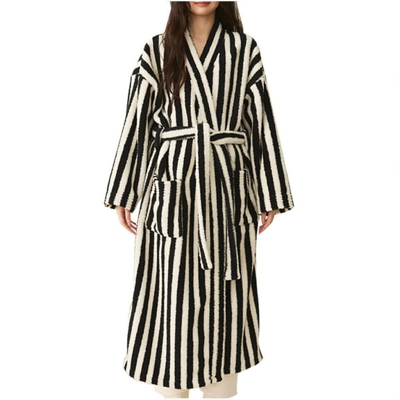 Women's Striped Robe Fleece Hooded Thick Fluffy Plush Nightgown with Pockets and Belt Warm & Comfy Spa Bathrobe