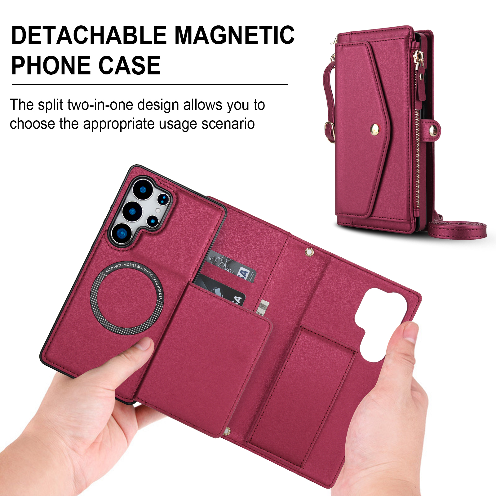 Designed for Samsung Galaxy S24 FE Multi-Function Wallet Phone Case,With Shoulder Strap&Wrist Strap,Cash Pocket&Card Slots,Zipper Purse,Magnetic Detachable PU Leather Flip Phone Case,Red