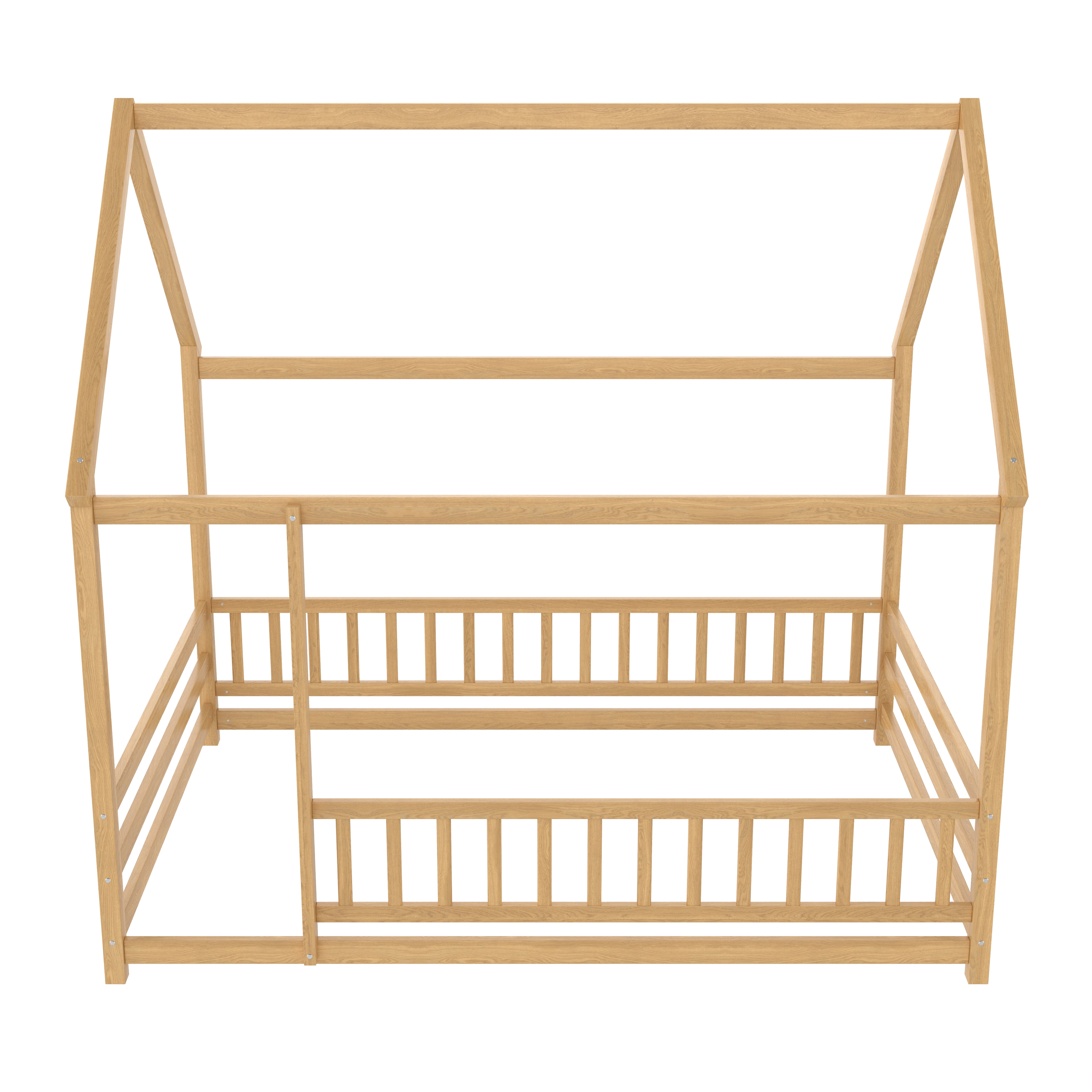 Floor Wooden Bed with House Roof Frame, Full Size Fence Guardrail Bed for Kids, Natural Pine Wood Children's Bedroom Furniture, Roof Design for DIY Decoration and Mosquito Net