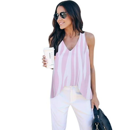 High Low Sleeveless Tops Women Summer Casual Striped V Neck T Shirt High Low Blouse Ladies Loose Vest Sleeveless Stripe Tops Cami Tank Top Shirts ()