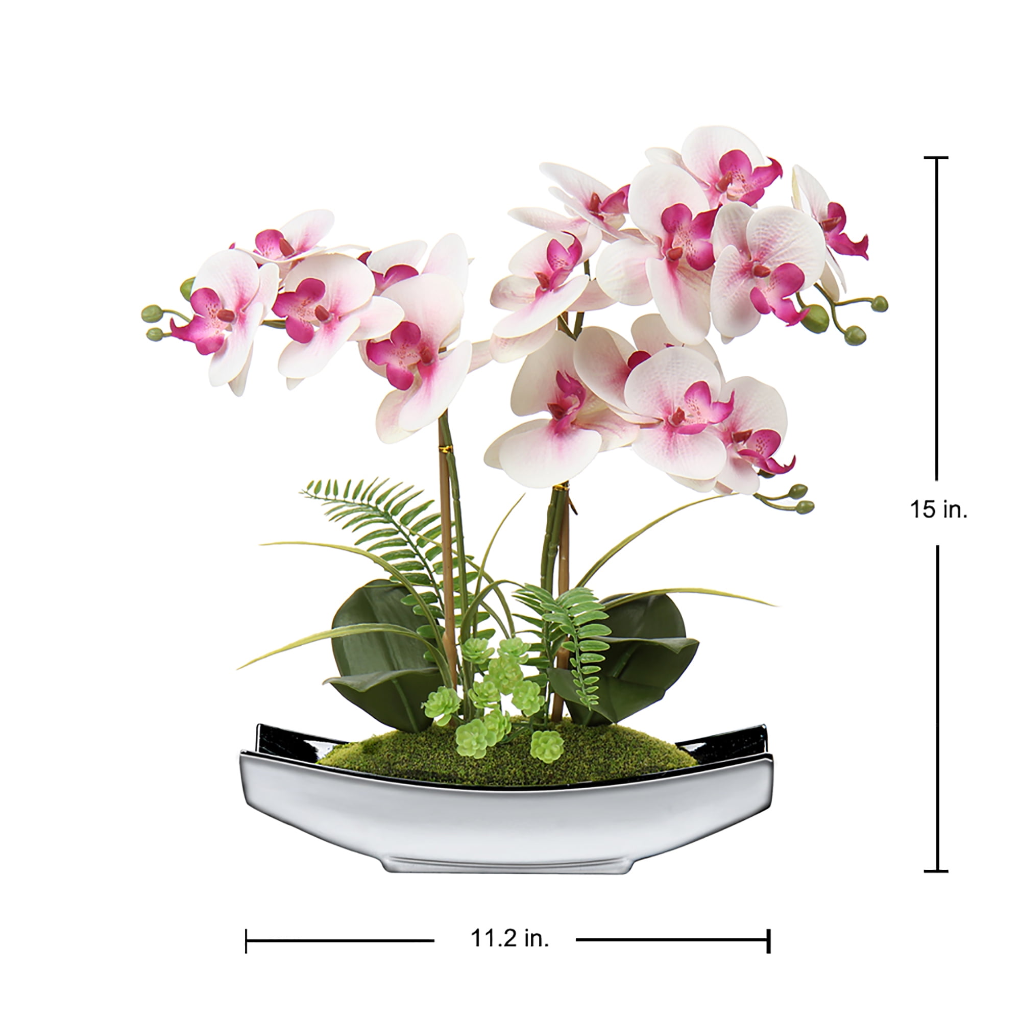 Orchids Artificial Flowers Potted 15" Light Pink Phalaenopsis Orchid with Silver Boat Pots Home Decoration