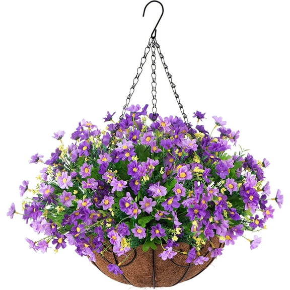 Artificial Hanging Flowers in Basket for Patio Garden Porch Deck Spring Decoration, Artificial Daisy Arrangement,Fake Plants in inch Coconut Lining Basket for Outdoor/Indoor(Purple)