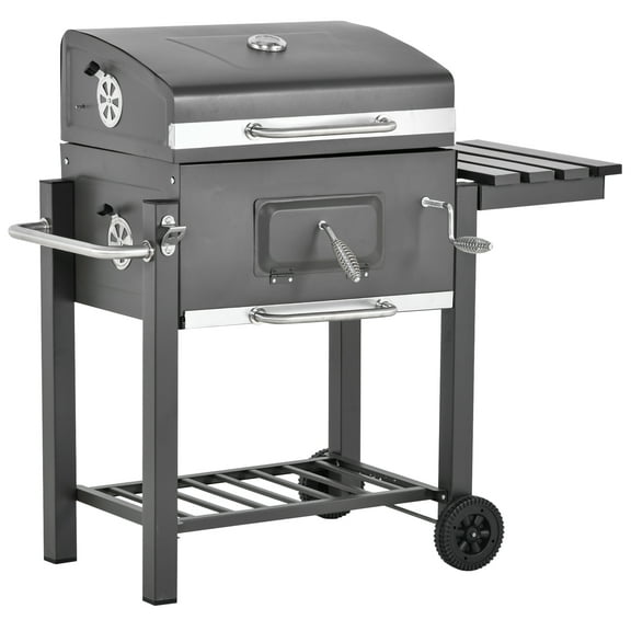 Outsunny Portable Charcoal Grill, Stainless Steel, Thermometer and Side Burner, Gray