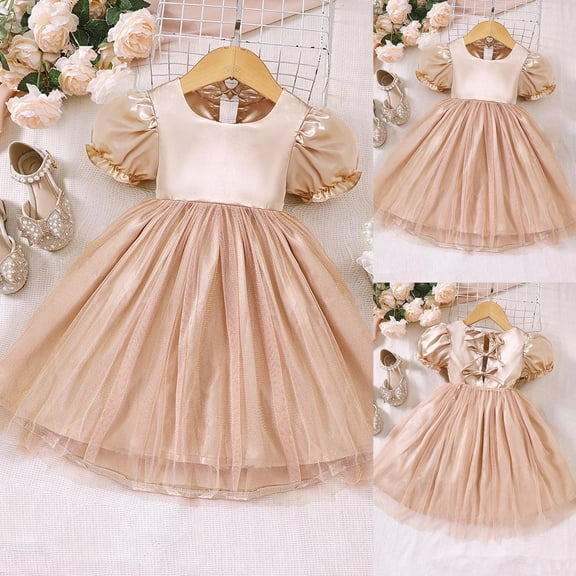 Generic Gowns for Toddlers Kids Baby Girls Summer Bubble Sleeve Princess Skirt Shiny Dress for Fashion Casual Birthday Holiday Party Gown(3-4 Years,Beige)