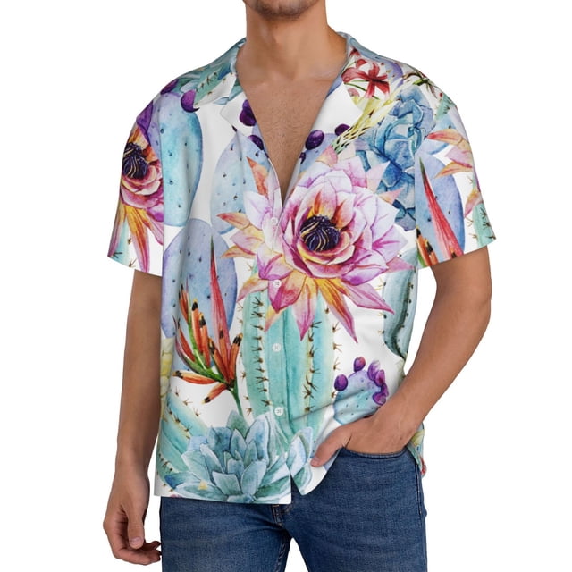 Fotbe Cactus Camisa Estampada de Manga Corta para Hombre, Casual de Verano, Estilo Playero, Sin Arrugas-X-Large