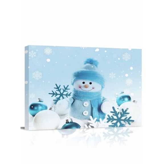 Christmas Blue Cute Snowman Canvas Print Wall Art Winter Snowflakes Pearls Balls Pictures Painting Morden Artwork for Living Room Bedroom, Ready to Hang - 12"x16"