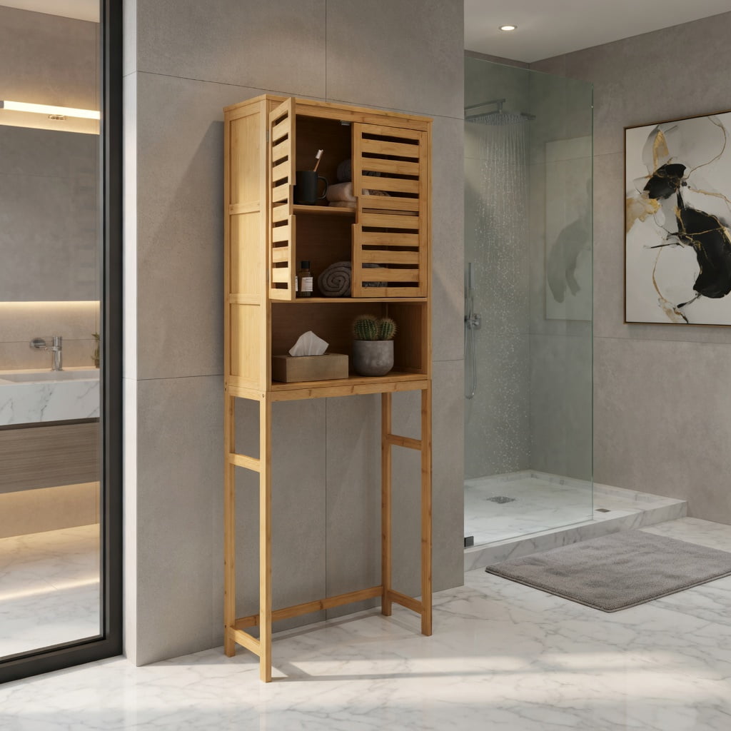 Hommoo Bamboo Over-the-Toilet Storage Cabinet with Adjustable Shelf, Ventilated Louvered Doors & Wall-Stabilizing Anti-Tip Kit Bathroom Organizer, Natural