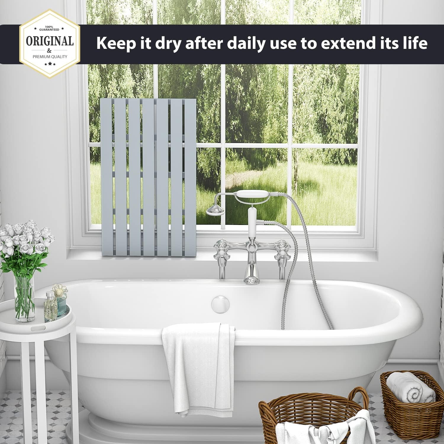 Bambloom Bamboo Shower Mat,Anti Slip Large Bathtub Mat,31x18in,Gray