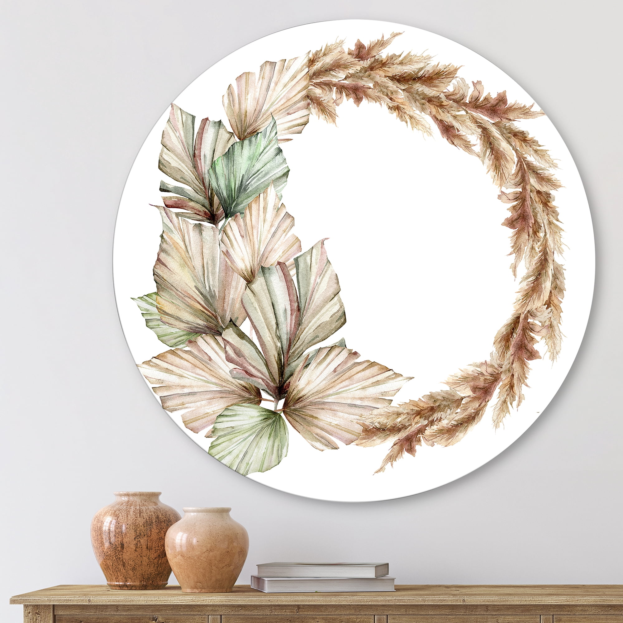 Designart 'Dry Palm Leaves and Pampas Grass With Wreath' Traditional Circle Metal Wall Art 23x23 - Disc of 23