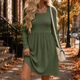 thumbnail image 2 of Women Solid Square Neck Long Sleeve Ribbed Knit Dress Casual Fitted High Waist Midi Dress Autumn Winter Green XL(XL), 2 of 9