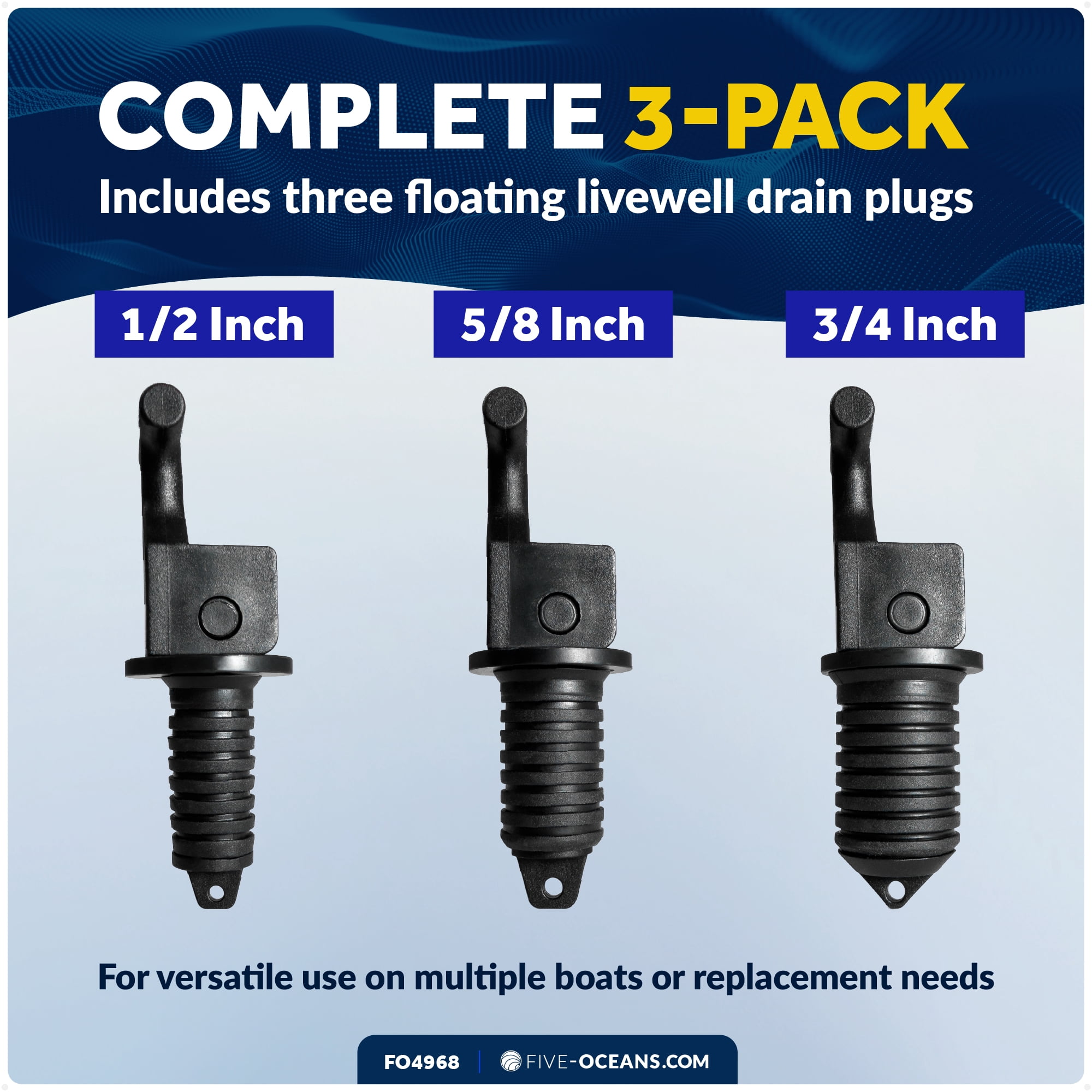 Five Oceans Floating Livewell Drain Plugs – 3-Pack (1/2", 5/8", 3/4") ABS Black Plastic, Twist or Cam-Over Adjustable, Universal Replacement for Boats & Kayaks - FO4968