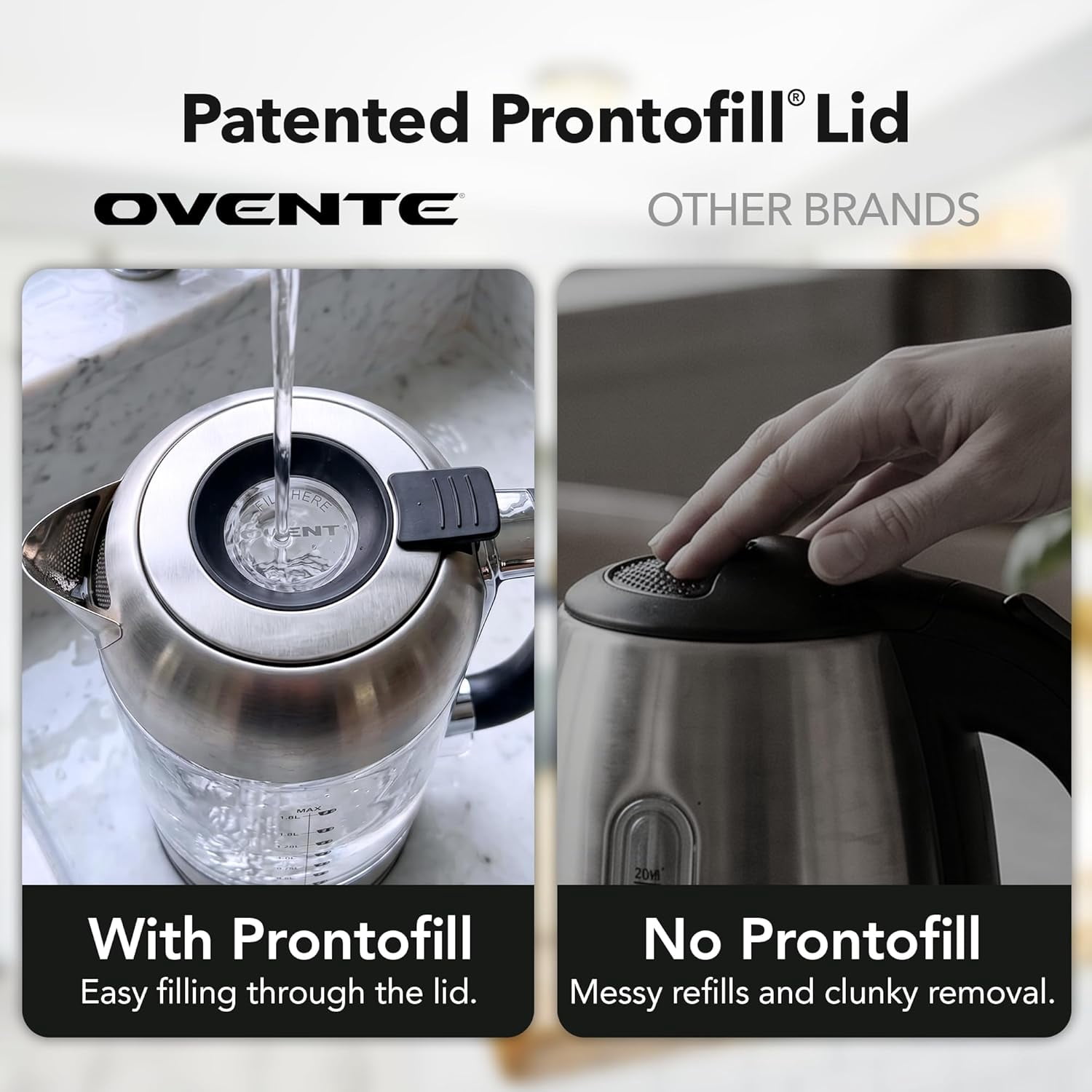 OVENTE Electric Kettle, 1500W No Plastic 1.8L Tea Kettle and Hot Water Boiler For Coffee or Tea, Easy to Fill Lid, Auto Shut-Off, Borosilicate Glass with Stainless Steel Filter, Silver KG71S