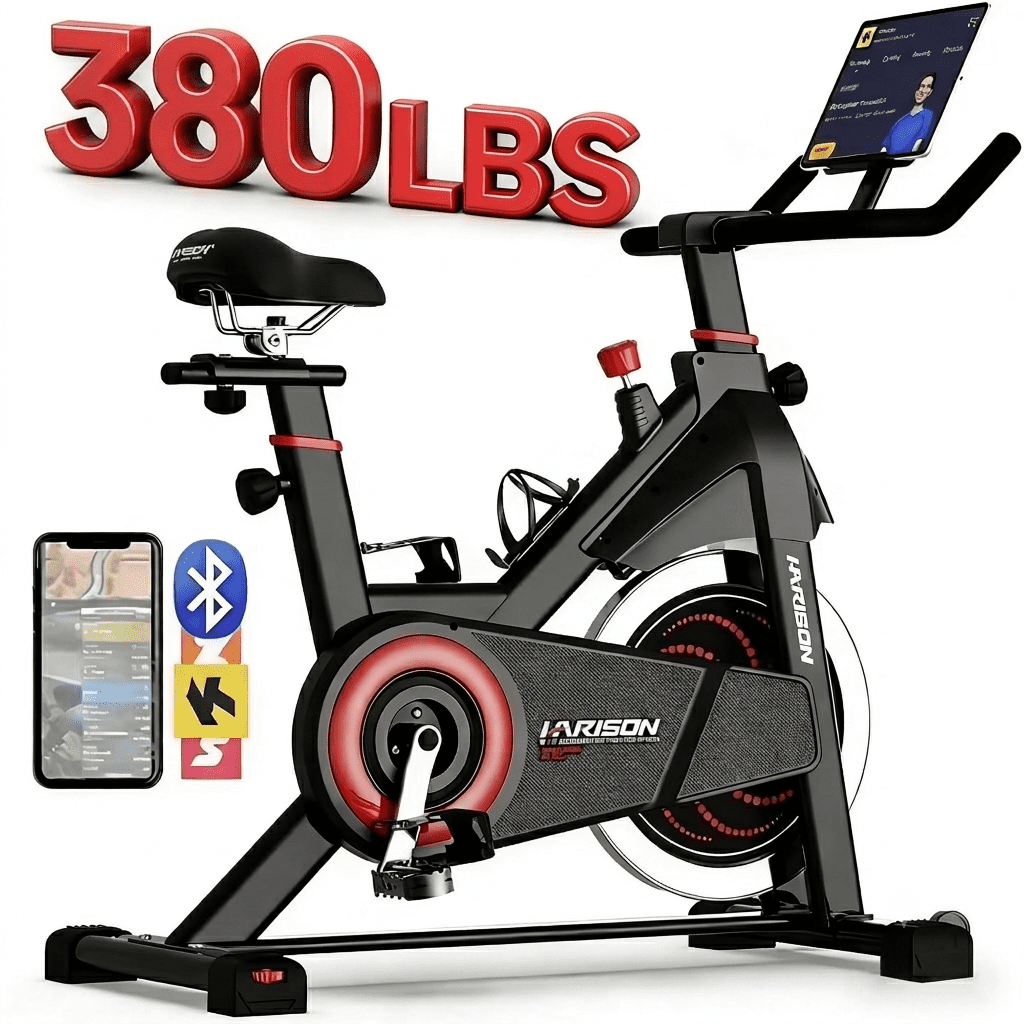HARISON Exercise Bike for Home with 380lbs Capacity, Stationary Bike Bluetooth & iPad Holder, Adjustable Workout Bike with Infinitely adjustable resistance