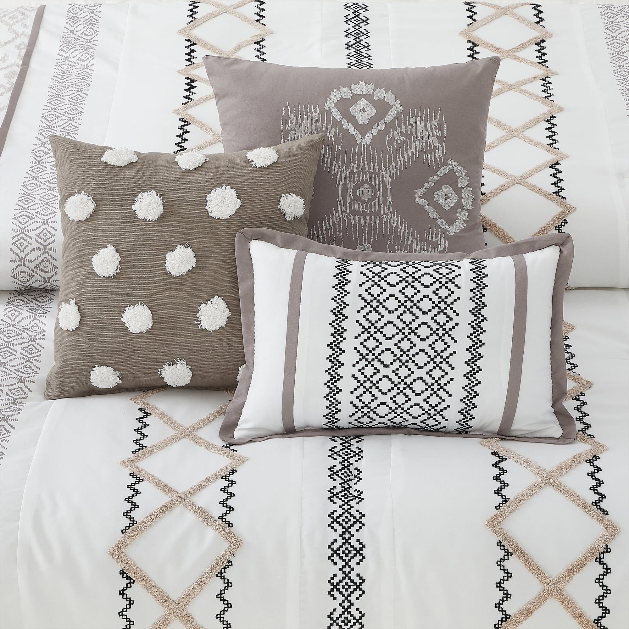 Lanco Luxury 7 Piece Cozy Boho Comforter Set Queen Beige Embroidered Girls Bedding, Premium Microfiber, All Season Home Décor