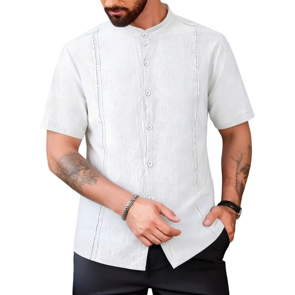 Men's Shirts, Mens Summer Linen Shirts Casual Short Sleeve Button Down Shirt Classic Lightweight Stand Neck Stylish Beach Tops White L